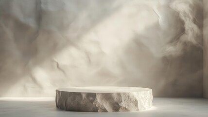 Stone pedestal on a softtextured background with abstract light effects, minimalist 3D design