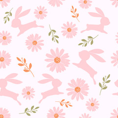 Seamless pattern of pink daisy, green leaves and pink bunny rabbit cartoon on white background vector.