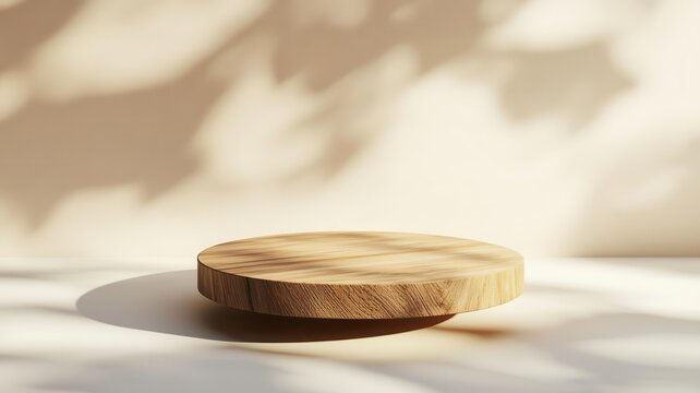 Floating wooden pedestal with abstract shadows on a soft gradient background, 3D minimalistic design