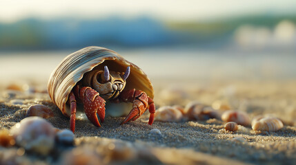 A crab peeking out of its shell on the sandy beach, with small pebbles and shells scattered around, emphasizing the small details of beach life