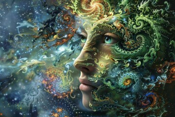 Obraz premium Human face merging with intricate green and gold fractal patterns in a surreal digital illustration against a starry cosmic background, symbolizing connection to nature and the universe.