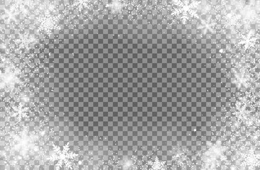 Realistic Christmas snowfall snowflakes overlay frame on transparent background. Isolated vector snow flakes oval border with falling snow and steam. Xmas magic window, white winter snowstorm texture