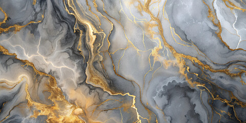 Fototapeta premium A textured marble background in shades of gray with gold veins running through it, giving an impression of elegance, luxury, and sophistication in interior design and materials