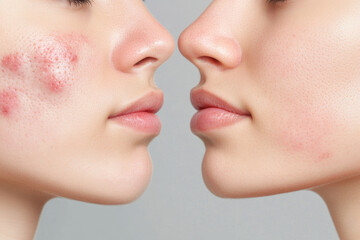 Obraz premium Dual Perspectives on Skin Health, showcasing contrasting skin conditions, one side with acne and irritation, the other with smooth, clear features, emphasizing the journey of skincare.