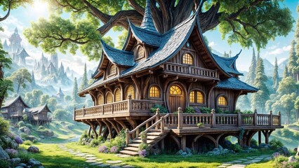 Beautiful fairytale medieval house in the forest, forest house, tree, fantasy, beautiful, landscape, colorful, nature, art, cottage