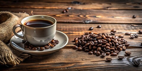 A cup of black coffee with coffee beans on a rustic wooden table