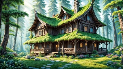 Obraz premium Beautiful fairytale medieval house in the forest, forest house, tree, fantasy, beautiful, landscape, colorful, nature, art, cottage