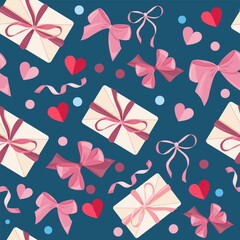 Happy Saint Valentines day seamless pattern vector illustration with gifts, hearts, pink bows and ribbons and colorful confetti. Wrapping paper design to gift boxes or fabric design.