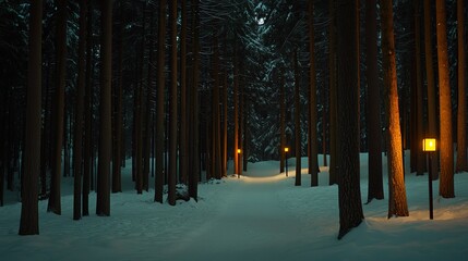 Detailed view of a snowy forest with tall pine trees covered in snow, illuminated by the soft glow of Christmas lights and lanterns, creating a serene winter wonderland