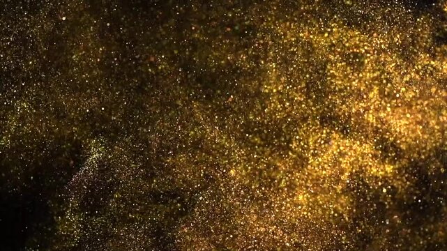 Floating gold sparks, glitter golden sparkles explosion on black background. Flying Gold particles, Dust. Christmas golden light shine particles flying bokeh. Backdrop. Holiday concept. Slow motion