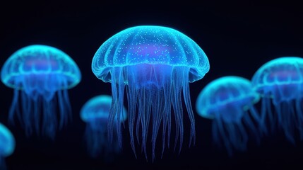 Fototapeta premium Stunning Close-Up of Glowing Blue Jellyfish in Dark Ocean Depths, Capturing the Bioluminescent Beauty and Grace of Marine Life in a Mesmerizing Underwater Scene