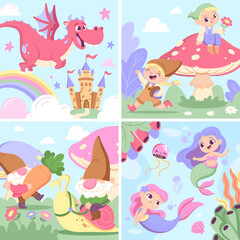 Hand drawn flat cute mythical creatures illustration set