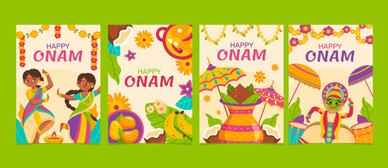 Fototapeta premium Hand drawn flat happy onam vertical cards set