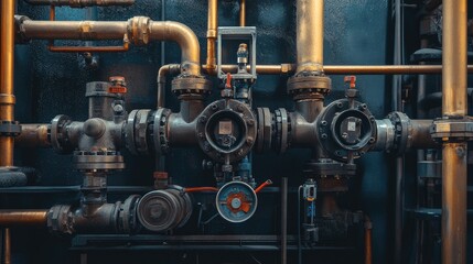 Industrial mechanical room with interconnected pipes and valves, highlighting the heart of operational machinery.