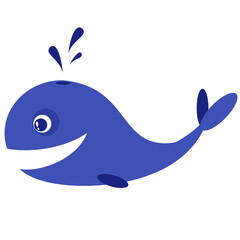 Cartoon blue whale with water splash. Whale with smile