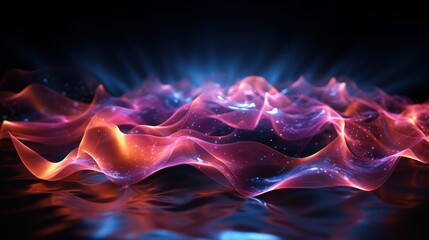 Obraz premium Vibrant, abstract composition with flowing, wavy lines in shades of pink, purple, and blue, illuminated with small sparkling particles. Fluidity, motion, and the blending of digital and organic forms.