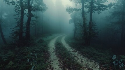 Obraz premium Foggy Forest Path: A mysterious path winding through a foggy forest, with towering trees fading into the mist, creating a background that is both eerie and enchanting.