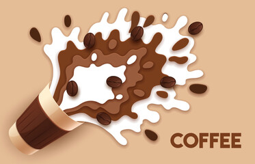 Paper cut coffee cup with milk cream splash, vector 3d hot drink poster. Cappuccino spilling out of takeaway coffee paper cup with 3d papercut flow wave layers, roasted beans, brown and white drops