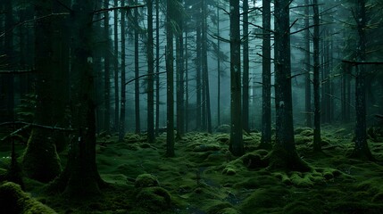 Fototapeta premium Overcast and Gloomy Rainy Day in a Foggy, Primal Forest