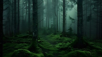 Fototapeta premium Overcast and Gloomy Rainy Day in a Foggy, Primal Forest