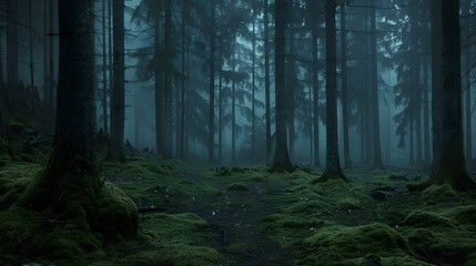 Obraz premium Overcast and Gloomy Rainy Day in a Foggy, Primal Forest