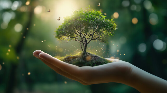 Natur in den H&auml;nden halten Baum w&auml;chst aus Handfl&auml;che heraus gr&uuml;n Generative AI