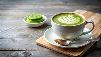 Cup of creamy green tea matcha latte with foam on top