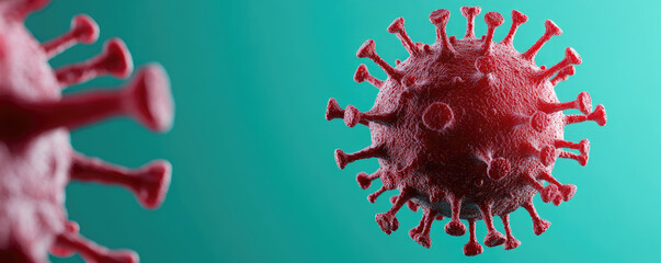 Microscopic view of a virus, vividly depicted with red spikes against a teal background, representing the intricate structure and infectious nature of viruses.