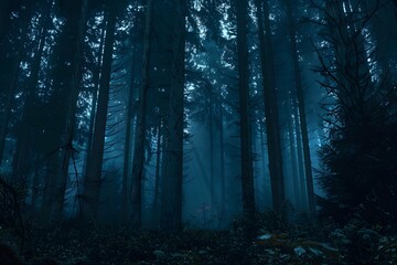 Obraz premium Overcast and Gloomy Rainy Day in a Foggy, Primal Forest
