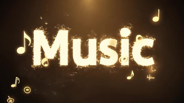 Golden music text with sparkles on a black background is ideal for entertainment-themed designs and projects. The glowing effect adds a touch of elegance and sophistication