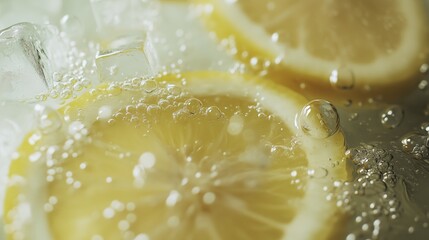 Lemon slices submerged in sparkling water with ice cubes forming bubbles, captured in a refreshing summer beverage setting