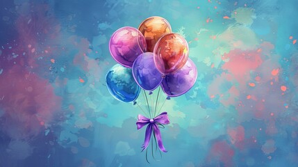 A cluster of vibrant balloons tied with a purple ribbon against a watercolor-like background. Perfect for celebration and festive themes.