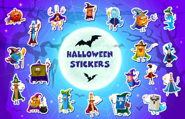 Fototapeta premium Halloween school characters stickers pack of stationery witch, wizard, fairy and mage, vector Halloween holiday. Cartoon magic personages of cute book, pencil, bag and pen, Halloween school supplies