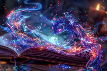 A magical blue dragon emerges from an open book, surrounded by swirling purple and pink energy.