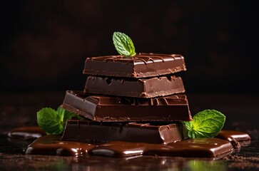 A close up studio shot of bunch of pieces of a dark chocolate bar decorated with fresh green mint...