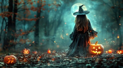 witch women in forest with pumpkins