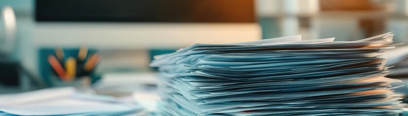 A closeup of a disorganized pile of documents and reports, some pages slightly crumpled, with a background of office supplies and a computer monitor