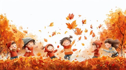 Children joyfully play in a pile of autumn leaves, surrounded by vibrant fall foliage.