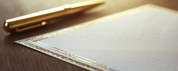 A closeup of a graduation certificate with elegant gold embossing, placed on a dark wooden table with a gold pen beside it