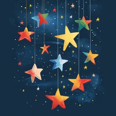 Colorful stars hanging from strings against a dark blue starry sky background.