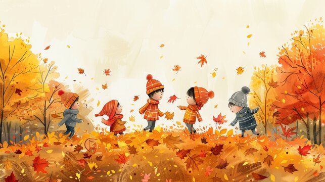 Five children play in a colorful autumn forest, surrounded by falling leaves.