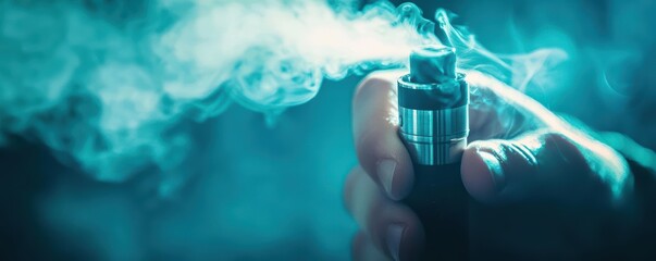 Fototapeta premium A closeup of a hand holding a vape pen, with swirling vapor clouds illuminated by soft, ambient light