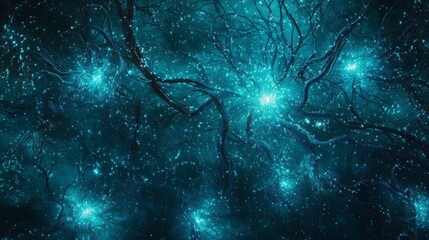 Obraz premium A dark, ethereal landscape with glowing nodes and intricate branches resembling neural connections.