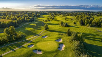 Aerial view of a golf course with green fairways, sand traps, and a clear blue sky.