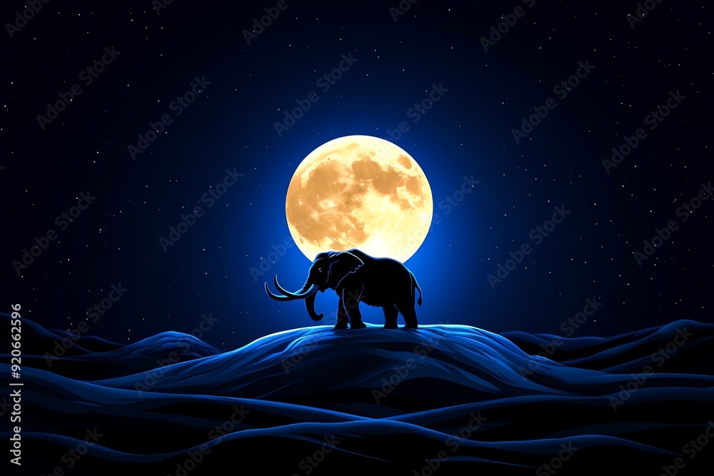 Wall mural a surreal image of an elephant standing on a hill under a full moonlit night sky, with the moon illu