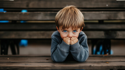 sad 5 - 7 years old blond child with blue eyes sitting in the park; kid with worried face expression hiding under the bench