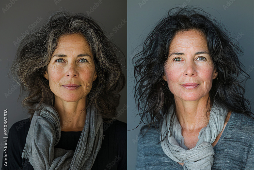 Poster Two portraits of a mature woman with wrinkles and freckles contrasting characteristics generative ai