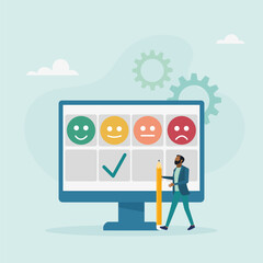 Mood concept. Emotions are scaled on a computer screen. Excellent, good and normal, bad and terrible. Vector illustration.	