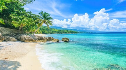 Fototapeta premium Beautiful beach in Jamaica with swaying palms and turquoise waters under a bright blue sky.