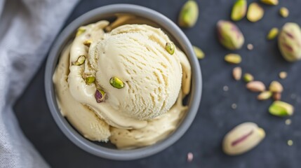 Creamy pistachio ice cream served in a gray bowl on a dark surface with scattered pistachios